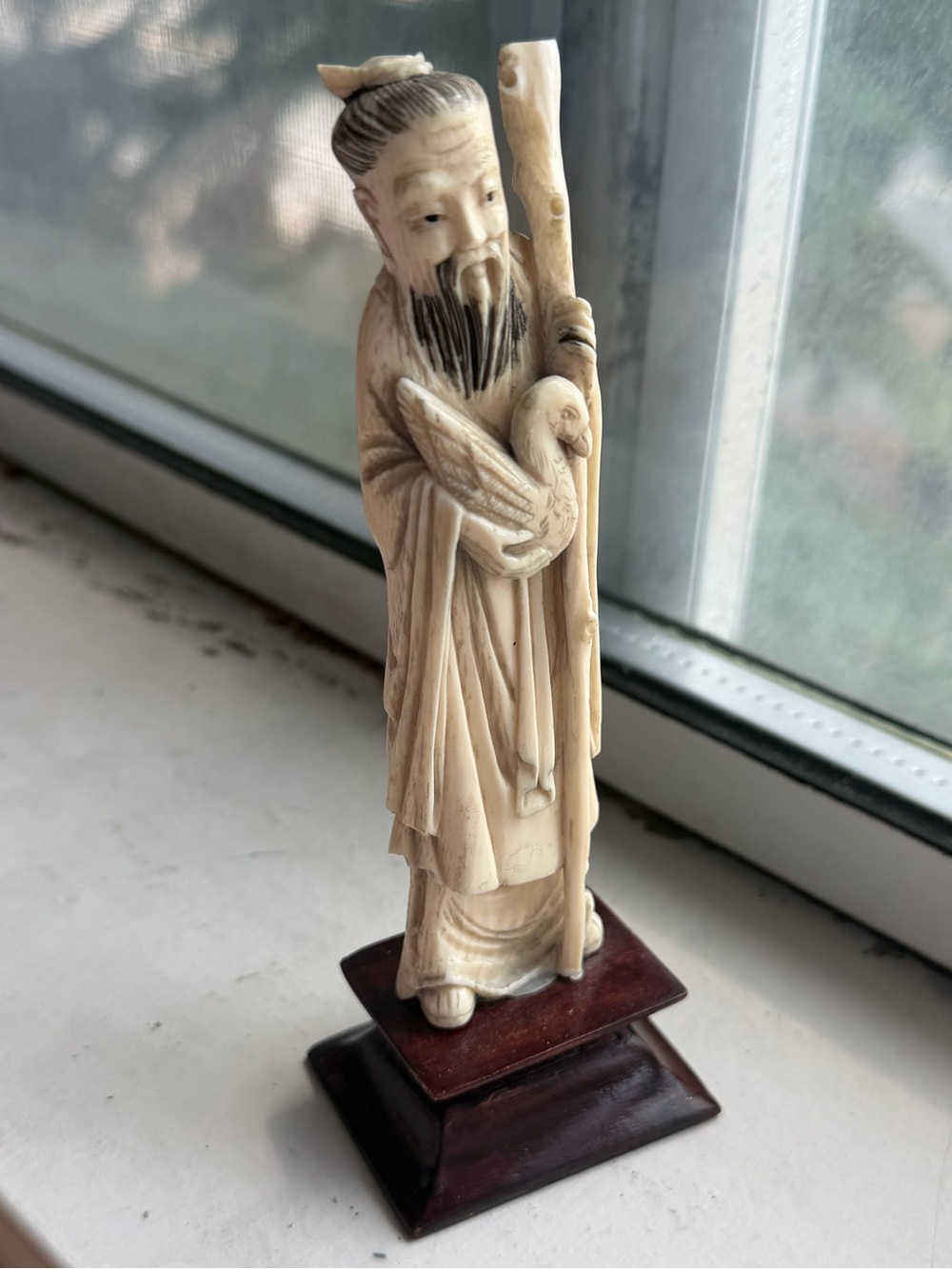 🎴Antique 19th Century Japanese Ivory Carved Old Man Duck Figurine on Wooden Base